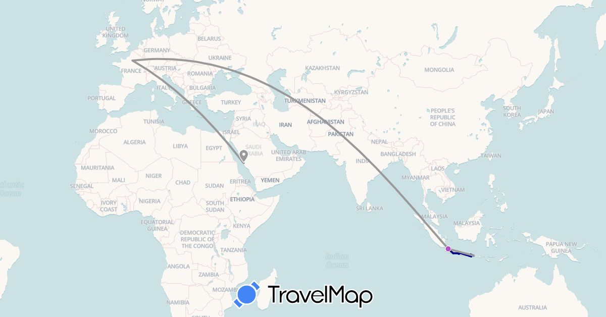TravelMap itinerary: driving, plane, train in France, Indonesia, Saudi Arabia (Asia, Europe)